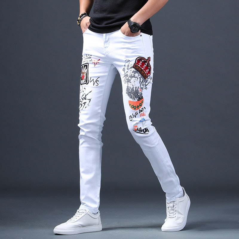 Men's Embroidered White Stretch Slim Jeans