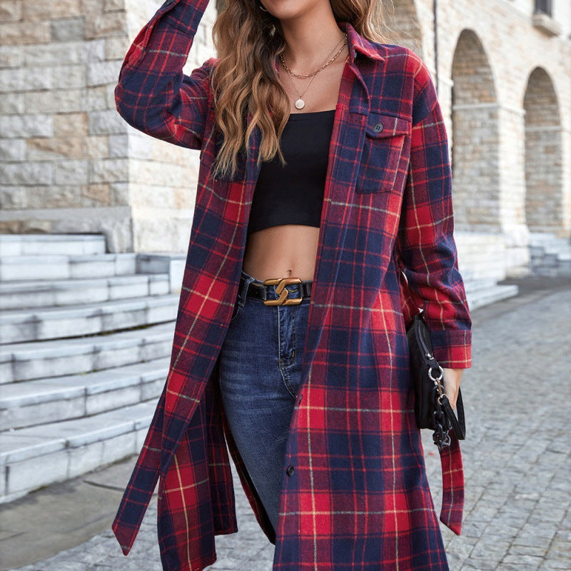 Plaid Belted Button Down Longline Shirt Jacket