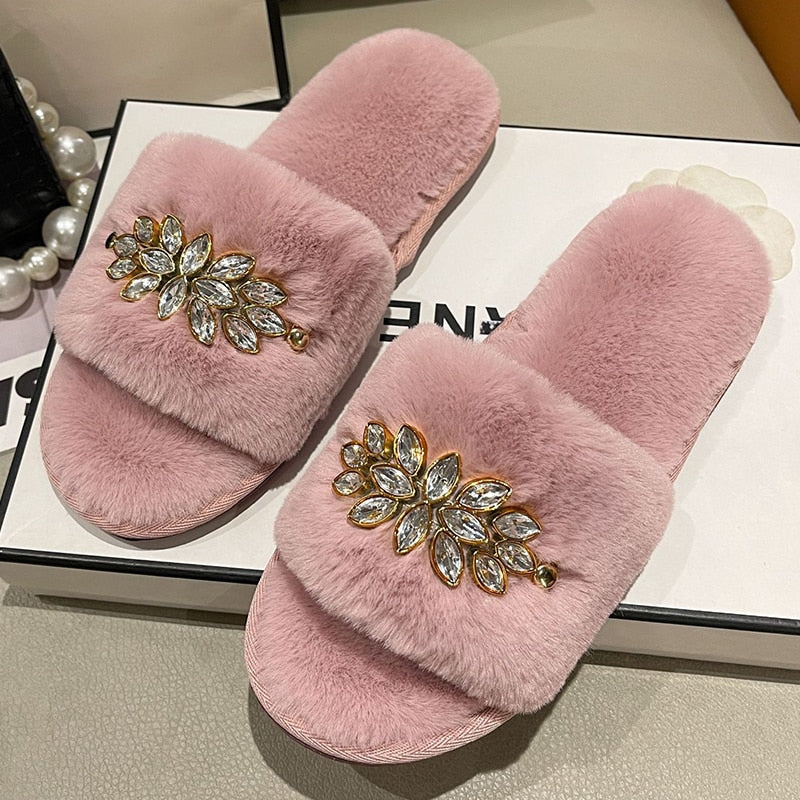 Women's Furry Slippers W/ Crystal Flower Detail