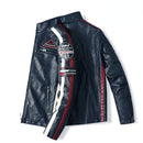 Chaqueta de piel sintética bordada de moto vintage para hombre