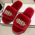 Women's Furry Slippers W/ Crystal Flower Detail