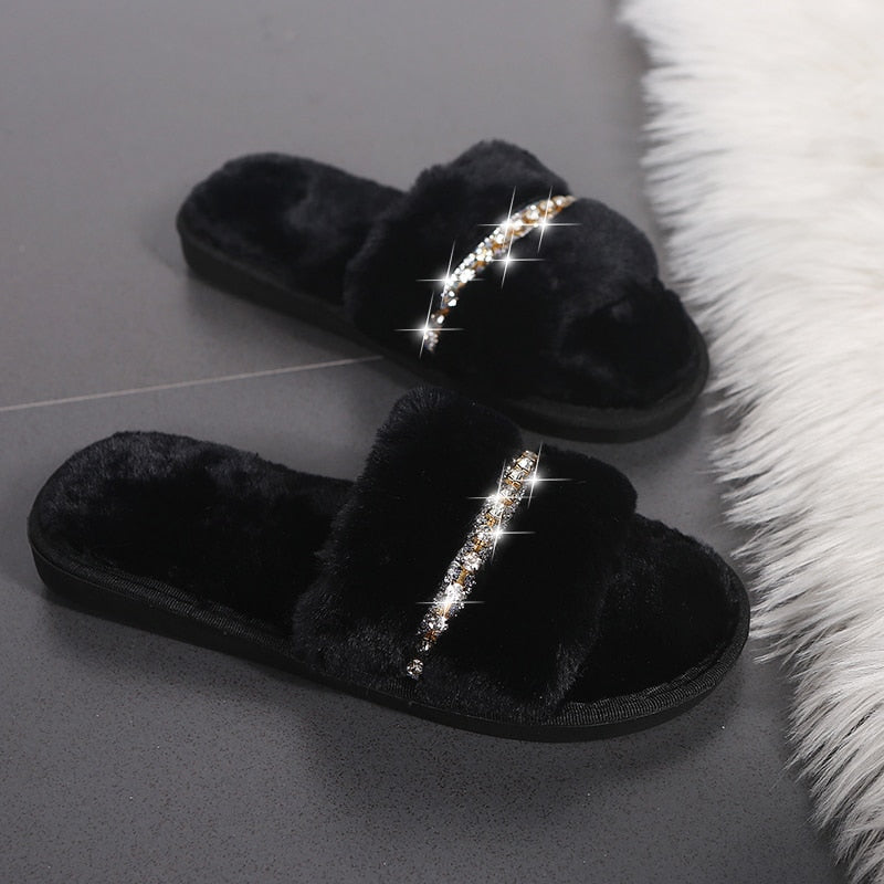 Women's Casual Furry Slippers W/ Rhinestones Detail