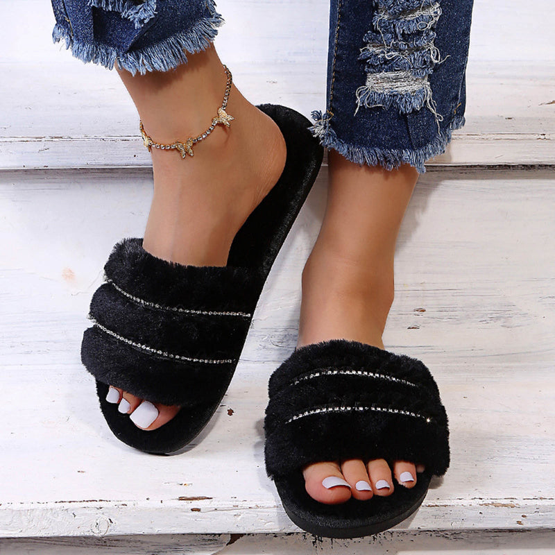 Women's Furry Non-Slip Slippers W/ Rhinestone Details