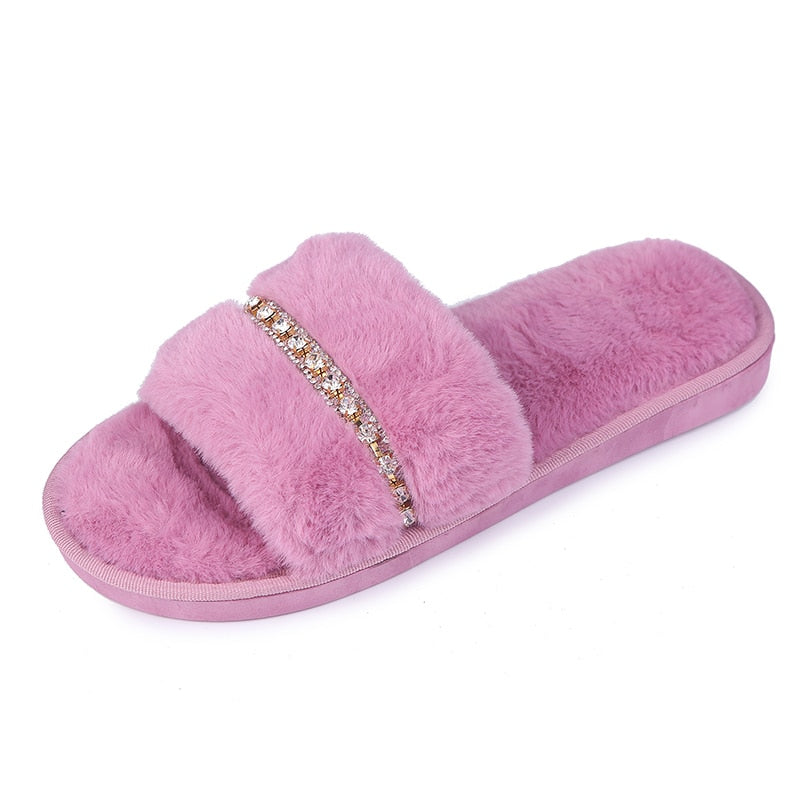 Women's Casual Furry Slippers W/ Rhinestones Detail