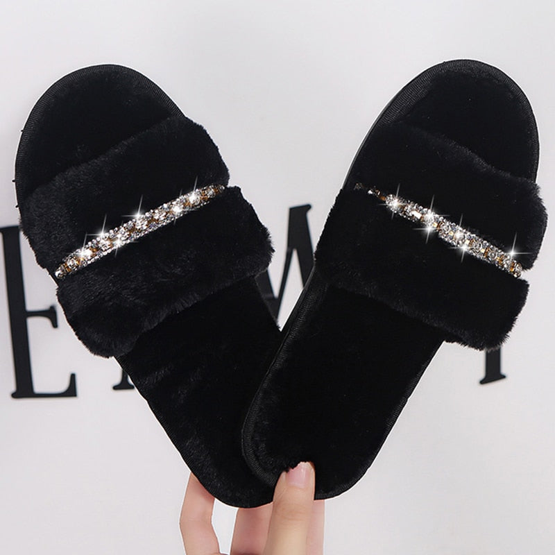 Women's Casual Furry Slippers W/ Rhinestones Detail