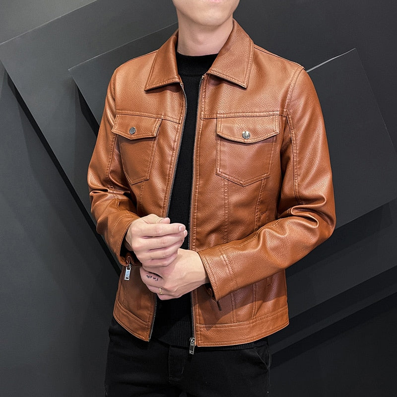 COUR Men's Fall/Winter Collar Faux Leather Jacket