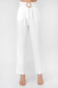 A Solid Pant Featuring Paperbag Waist With Rattan Buckle Belt - AM APPAREL