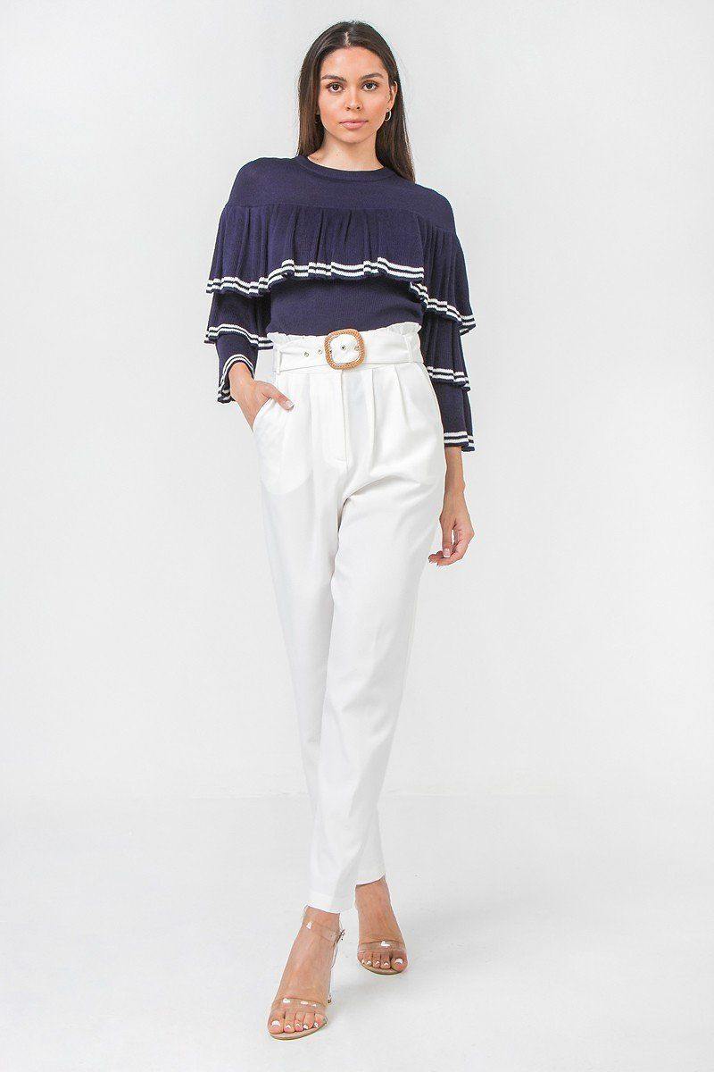 A Solid Pant Featuring Paperbag Waist With Rattan Buckle Belt - AM APPAREL