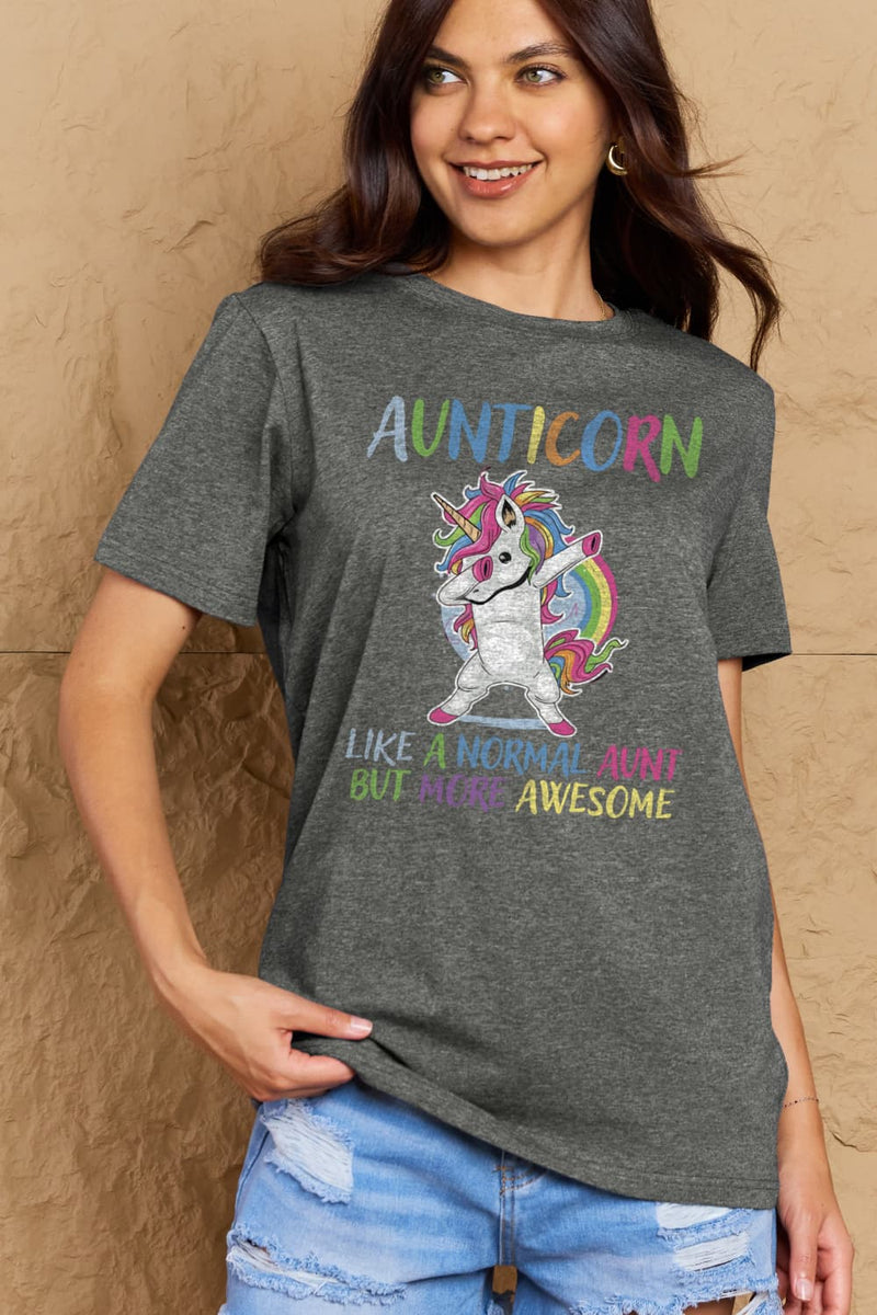 Simply Love Camiseta de algodón gráfica de tamaño completo AUNTICORN COMO UNA TÍA NORMAL PERO MÁS IMPRESIONANTE
