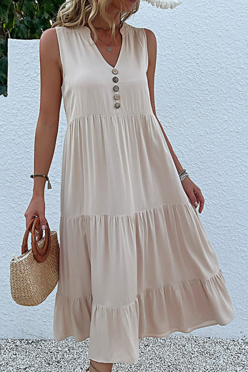 Decorative Button Sleeveless Tiered Dress