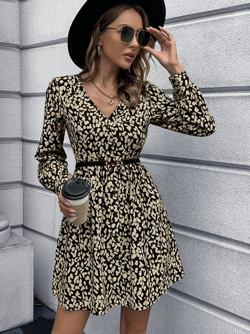 Animal Print Buttoned V-Neck Long Sleeve Dress