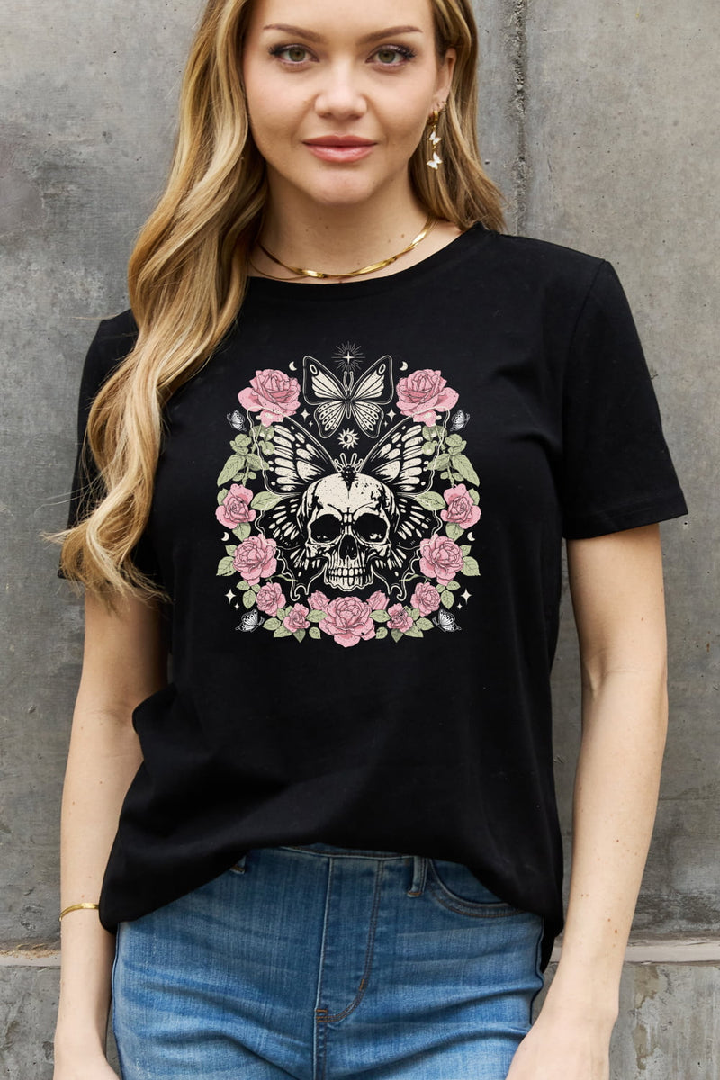 T-shirt en coton avec motif tête de mort et papillon, grande taille, Simply Love
