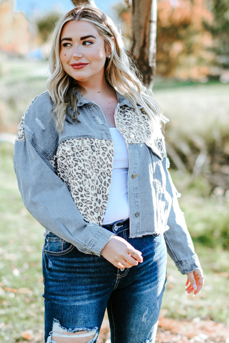 Veste en Jean Épissé Imprimé Léopard de Grande Taille à Ourlet Brut