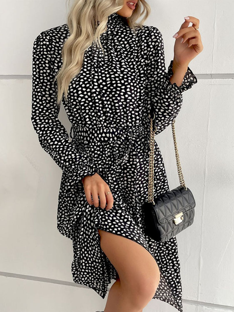 Printed Tie-Waist Flounce Sleeve Keyhole Midi Dress