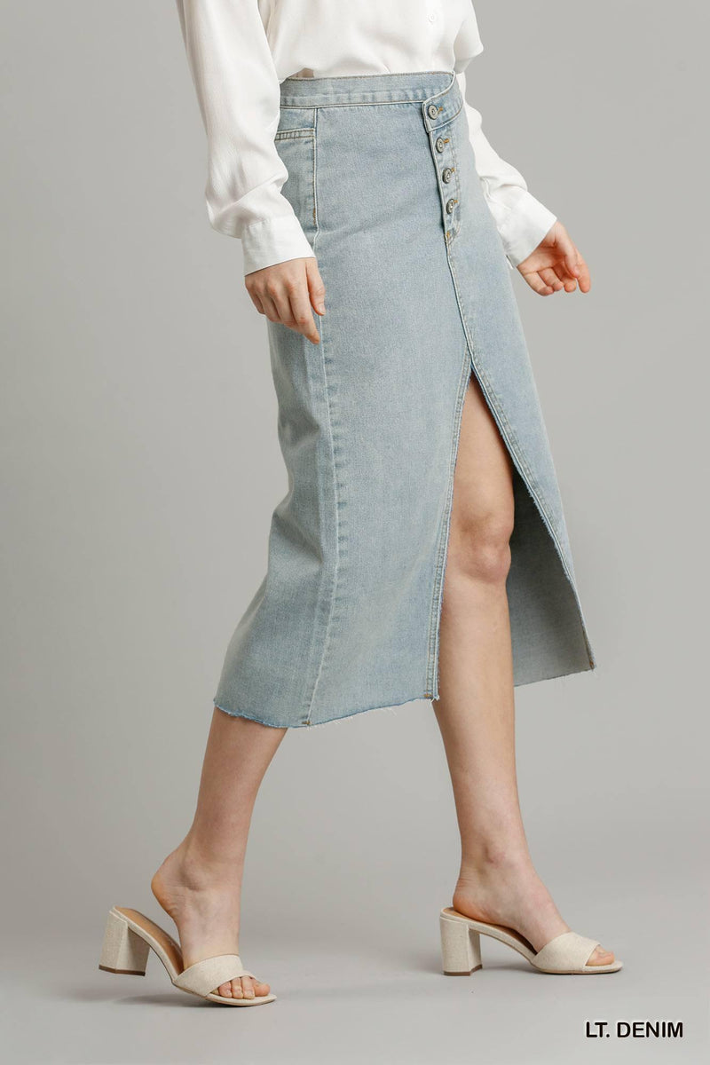 Asymmetrical Waist And Button Up Denim Skirt - AM APPAREL