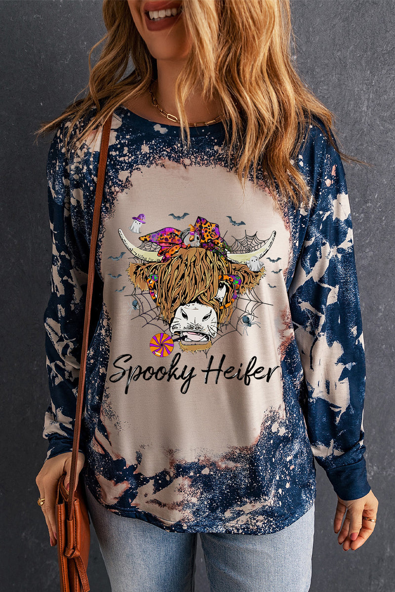 Round Neck Long Sleeve Printed SPOOKY HEIFER Graphic Tee