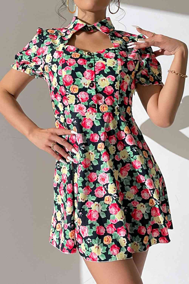 Floral Buttoned Cutout Puff Sleeve Dress