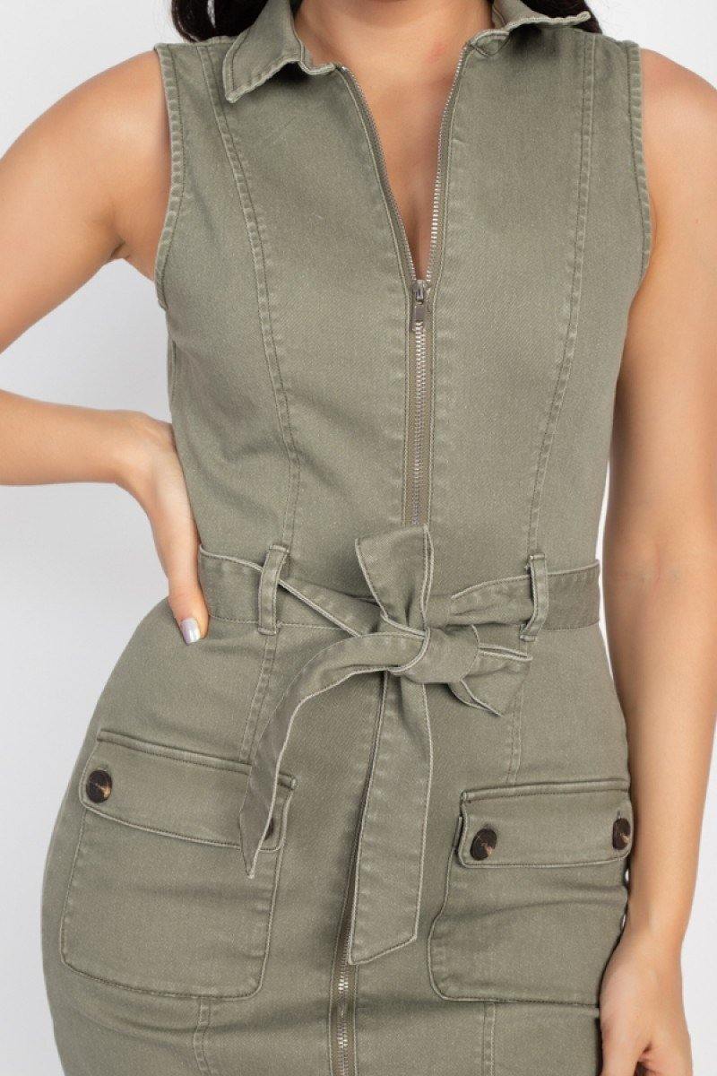 Belted Cargo Pockets Mini Dress - AM APPAREL
