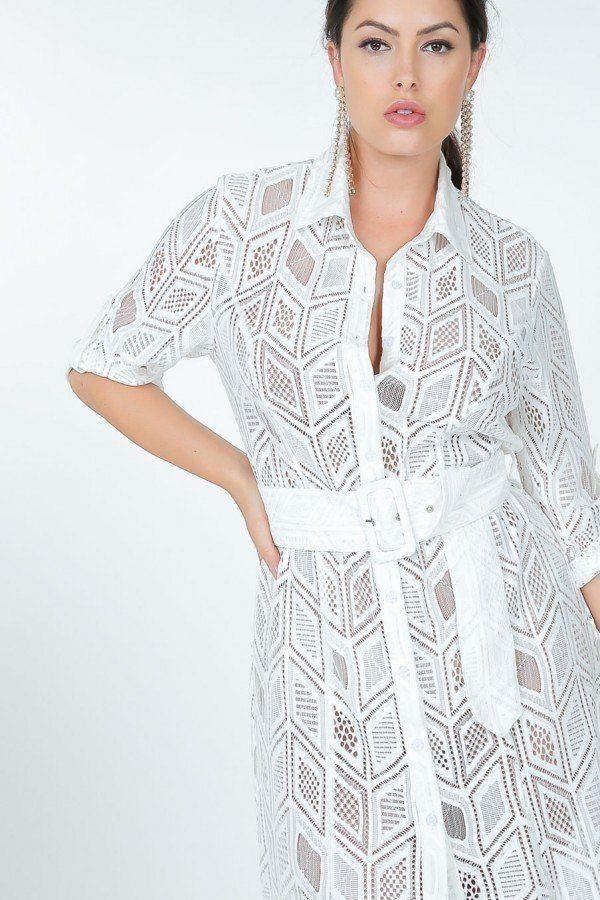 Belted Low Placket Lace Shirt Dress - AM APPAREL