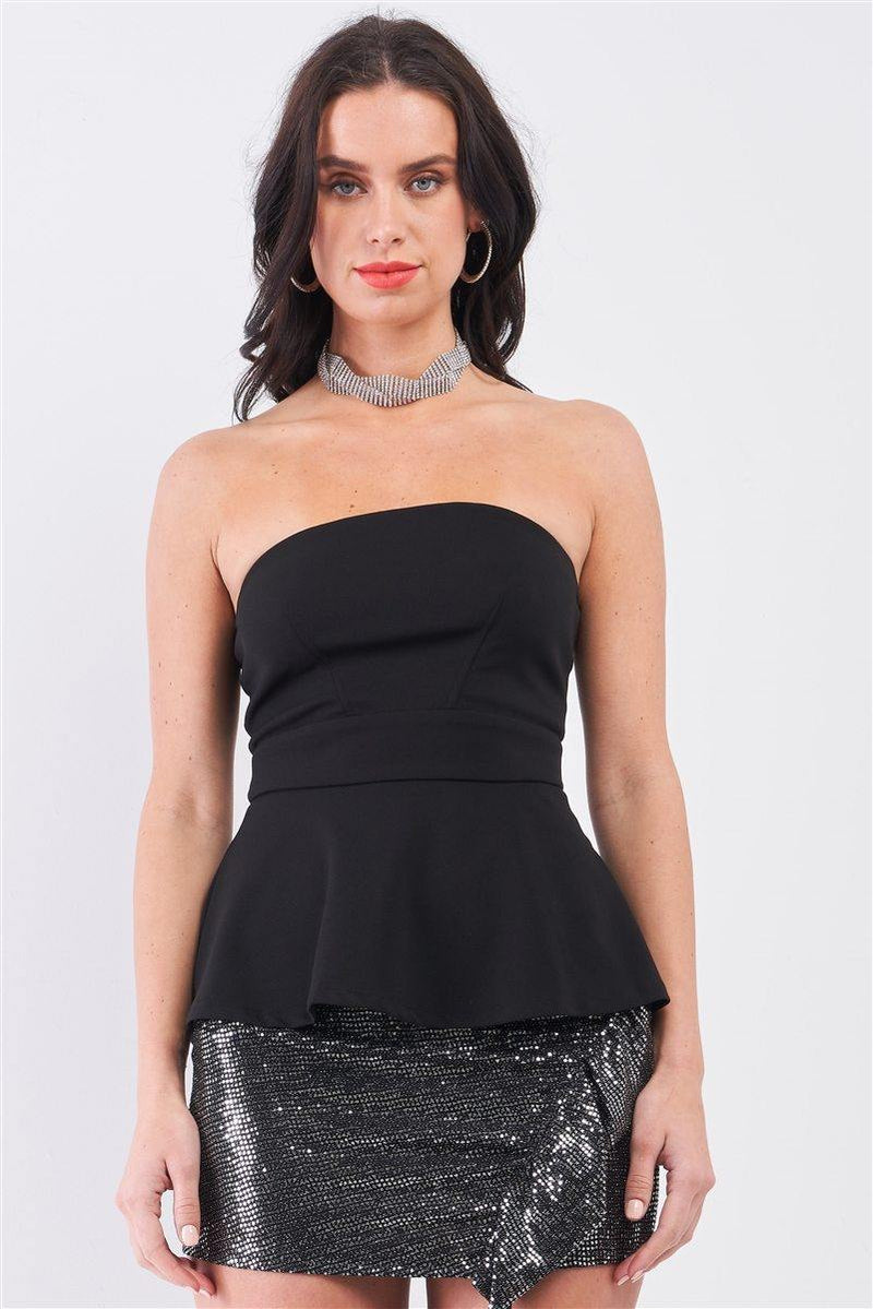Black Strapless Fitted Flare Elegant Top - AM APPAREL