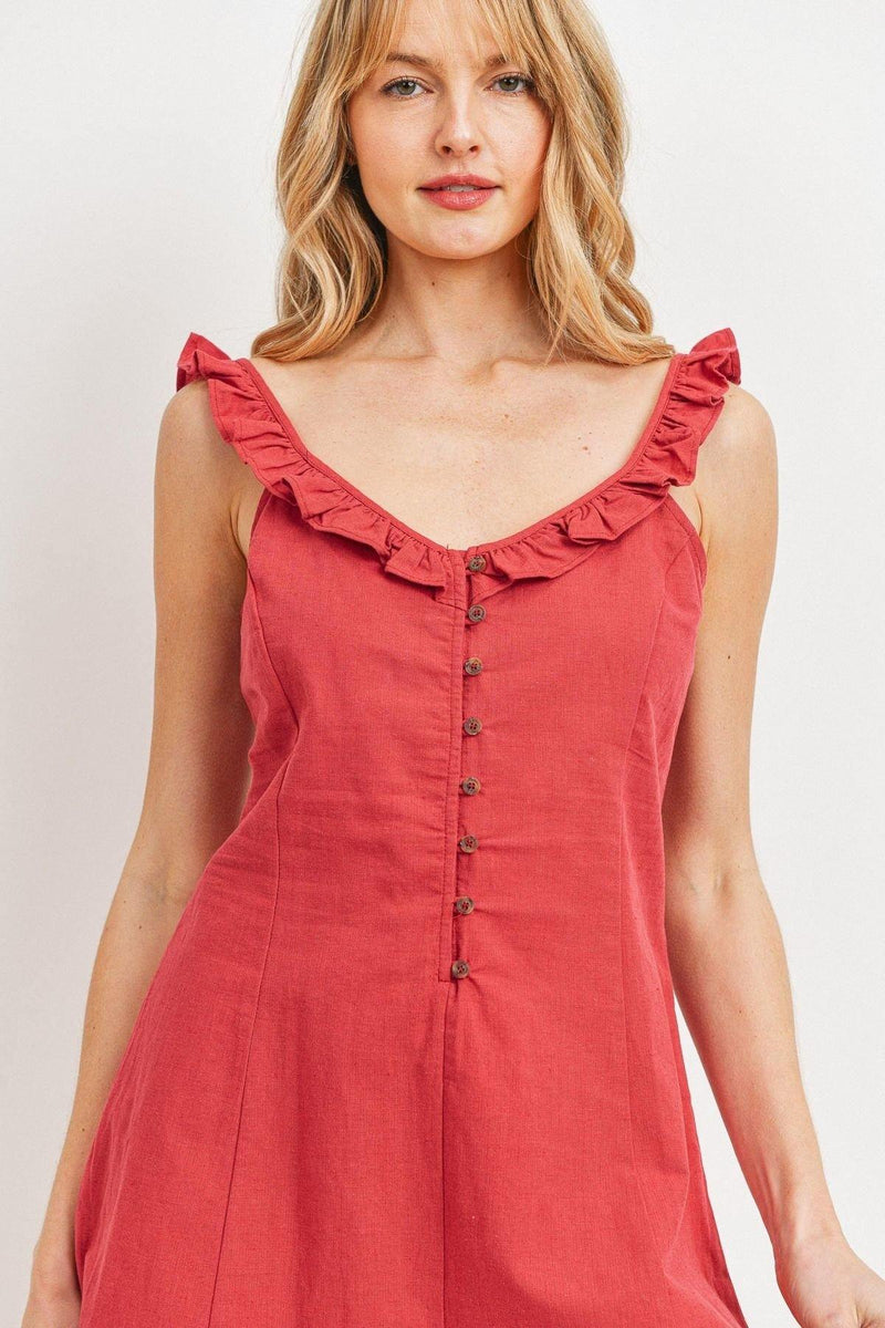 Buttoned Ruffled Strap Rompers - AM APPAREL