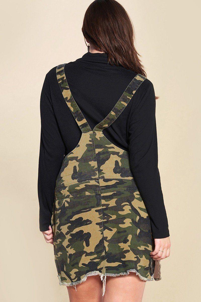 Camouflage Printed Overall Mini Dress Featuring Pockets And Frayed Hem - AM APPAREL