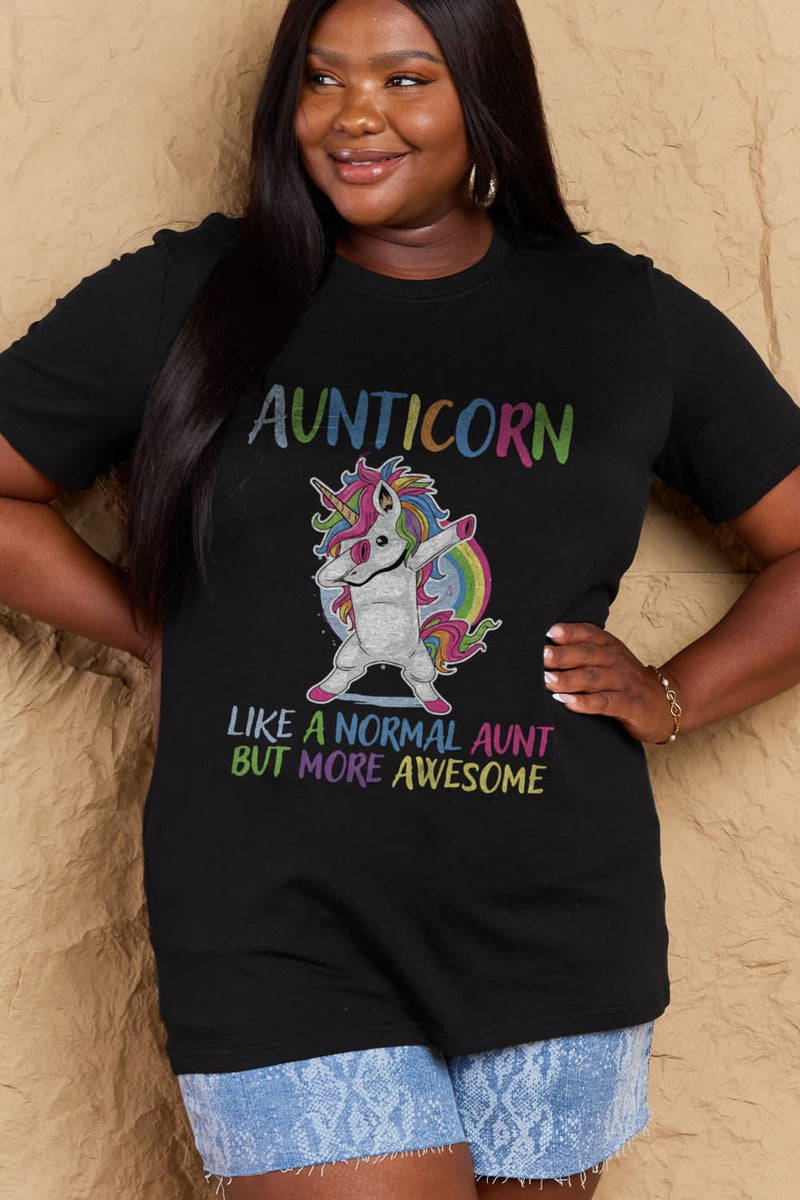 Simply Love Camiseta de algodón gráfica de tamaño completo AUNTICORN COMO UNA TÍA NORMAL PERO MÁS IMPRESIONANTE