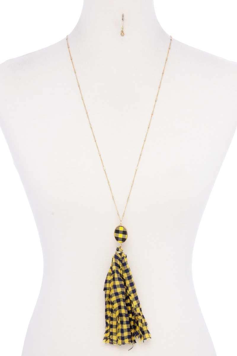Checkered Pattern Fabric Tassel Necklace - AM APPAREL