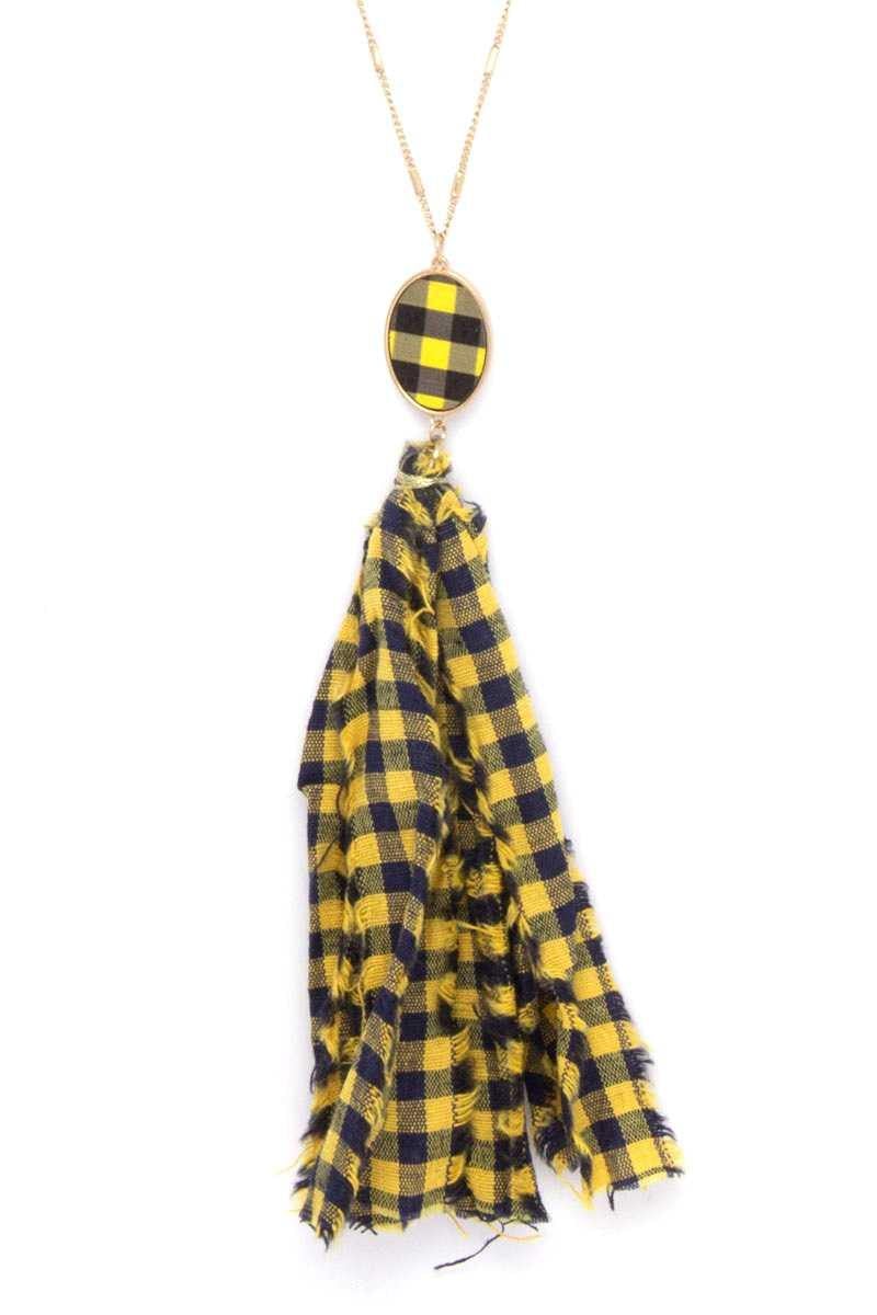 Checkered Pattern Fabric Tassel Necklace - AM APPAREL
