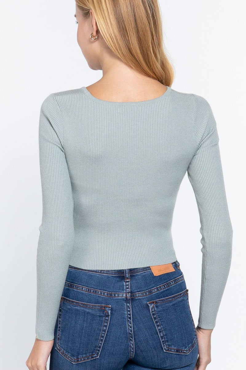 Crew Neck Knotted Crop Sweater - AM APPAREL