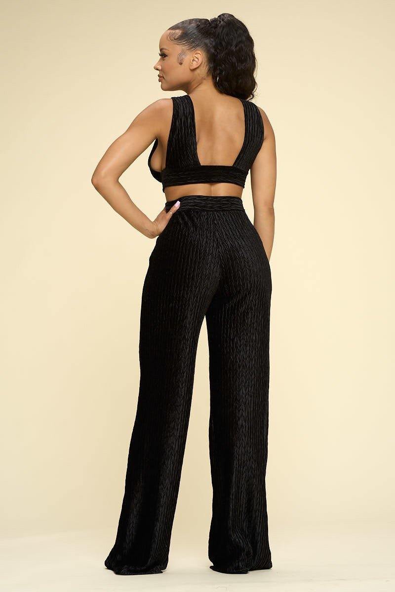 Crushed Velvet Plunging Neck Tank Top And High Waist Palazzo Pants Set - AM APPAREL