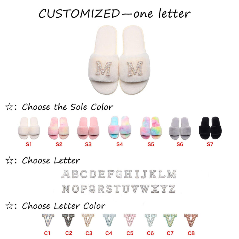 Customizable Women's Pearl Letter Decor Furry Slippers - AM APPAREL