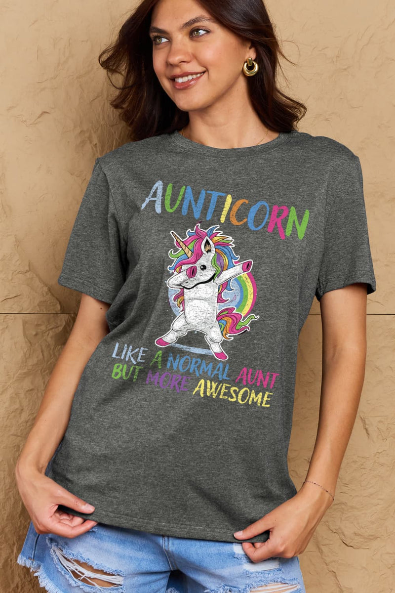 Simply Love Camiseta de algodón gráfica de tamaño completo AUNTICORN COMO UNA TÍA NORMAL PERO MÁS IMPRESIONANTE