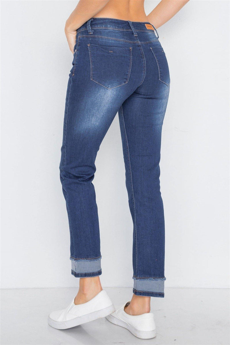 Dark Blue Mid-rise Contrast Hem Jeans Pants - AM APPAREL