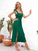 Robe mi-longue à bretelles nouées et encolure carrée