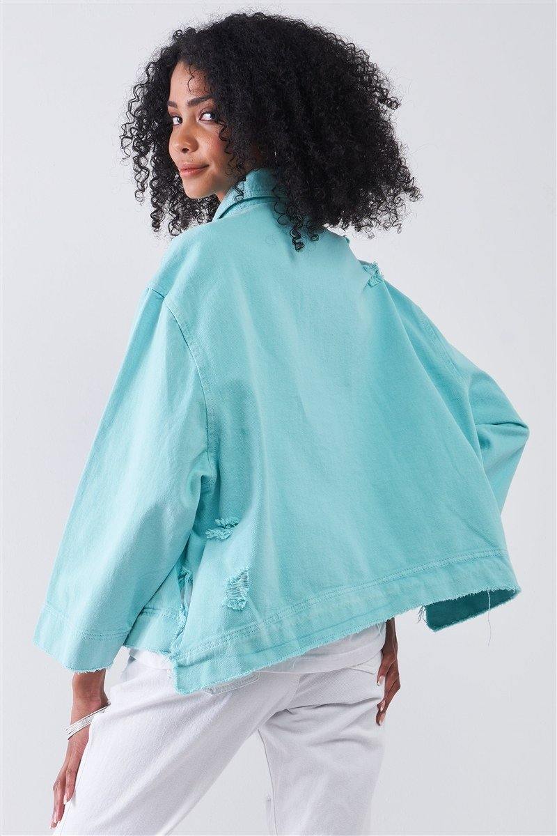 Distressed Button-down Front Raw Oversized Denim Jacket - AM APPAREL