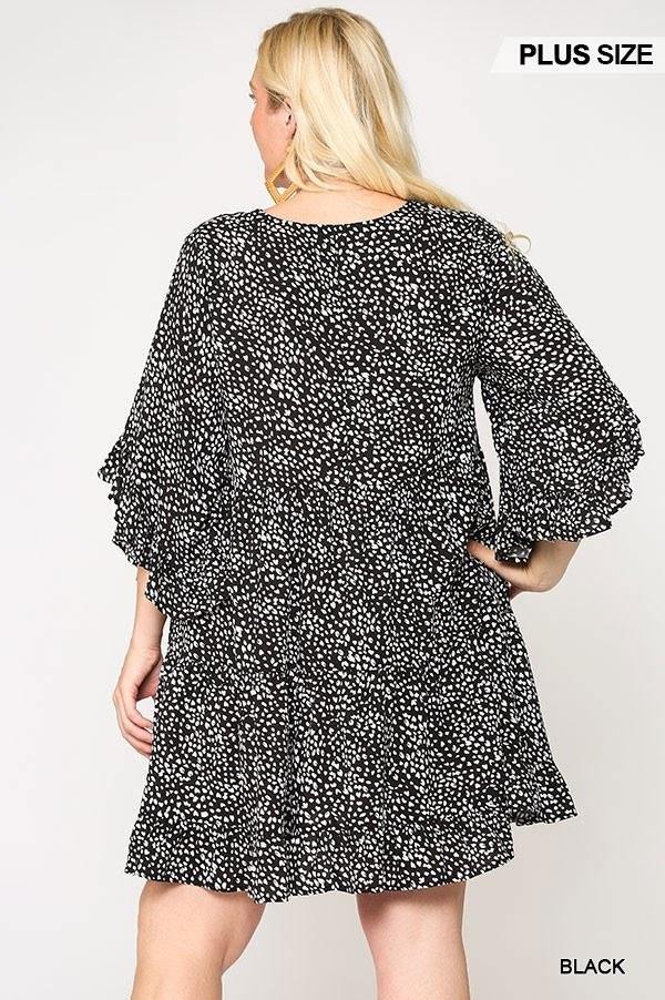 Dot Print Tiered Ruffle Sleeve Dress With Pockets - AM APPAREL