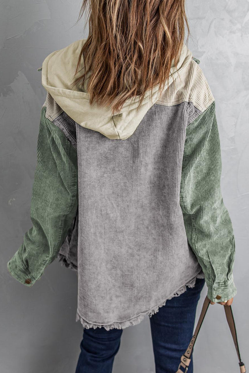 Veste en velours côtelé à capuche avec boutons-pression sur le devant