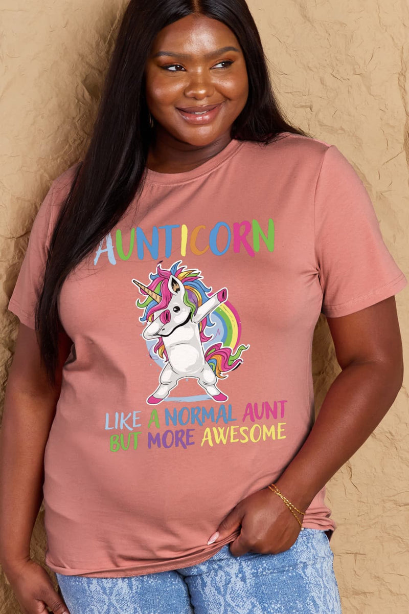 Simply Love Camiseta de algodón gráfica de tamaño completo AUNTICORN COMO UNA TÍA NORMAL PERO MÁS IMPRESIONANTE