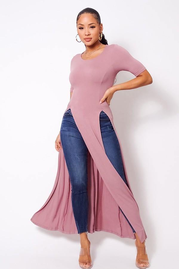 Elbow Sleeve Maxi Long Tank Top With Side Slits - AM APPAREL