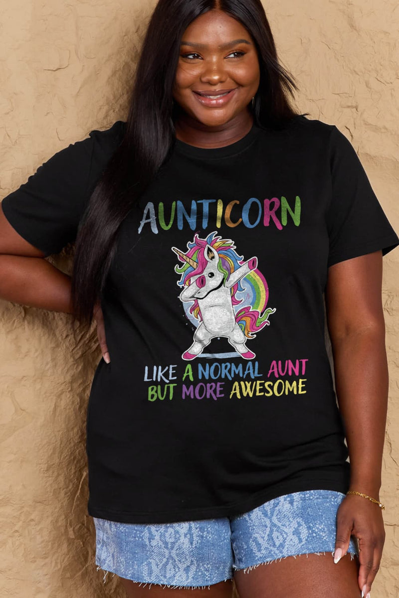 Simply Love Camiseta de algodón gráfica de tamaño completo AUNTICORN COMO UNA TÍA NORMAL PERO MÁS IMPRESIONANTE