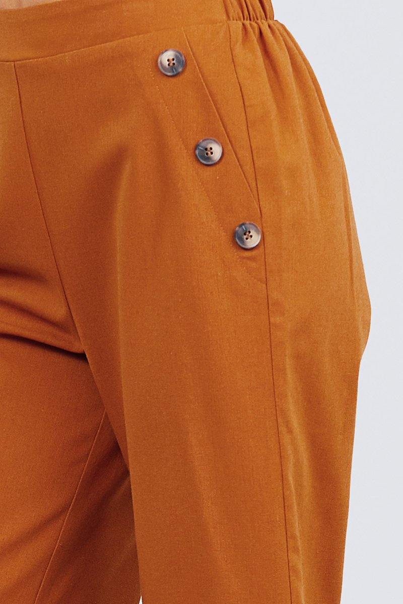 Fake Pocket W/button Detail Wide Long Leg Linen Pants - AM APPAREL