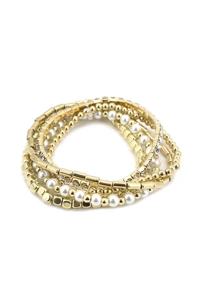 Fashion Metal Pearl Bead Stretch Multi Bracelet - AM APPAREL