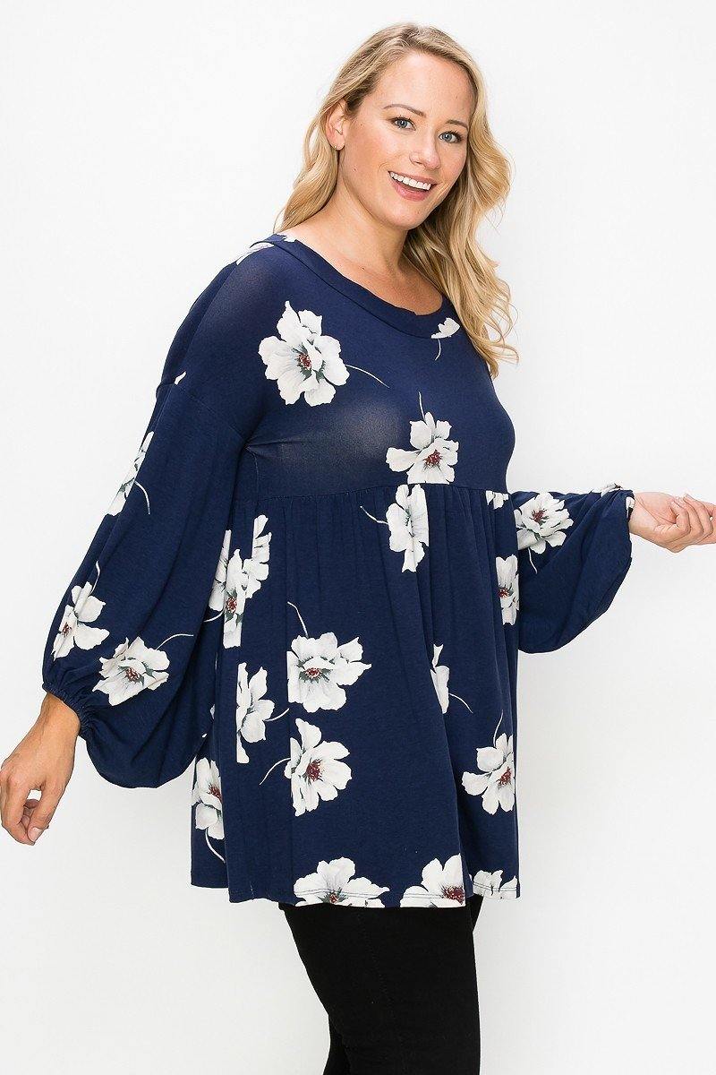 Floral, Bubble Sleeve Tunic Top - AM APPAREL