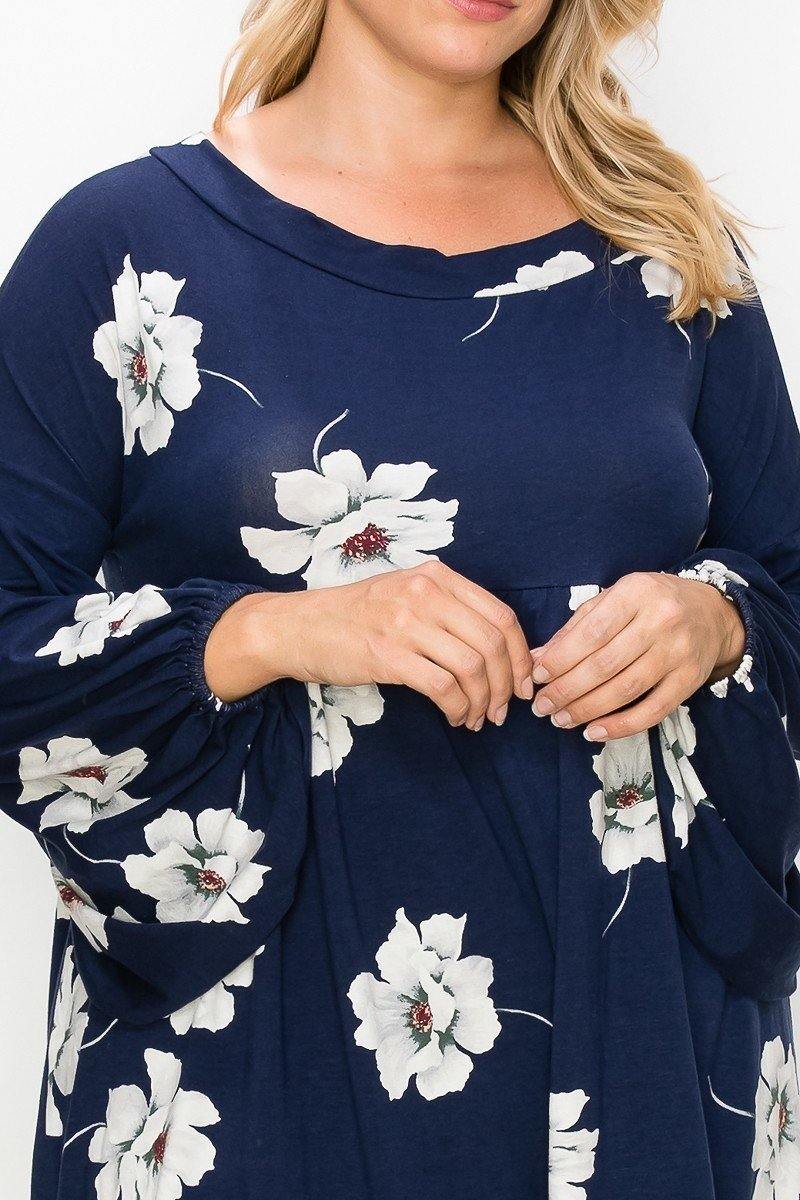 Floral, Bubble Sleeve Tunic Top - AM APPAREL