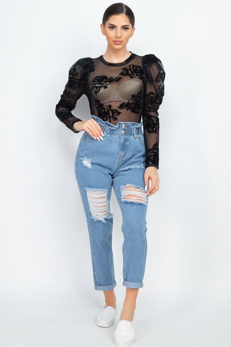Floral-embroidered Long Puff Sleeves Top - AM APPAREL