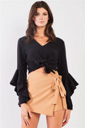Fuzzy long ruffle sleeve v-neck self-tie front detail cropped top - AM APPAREL
