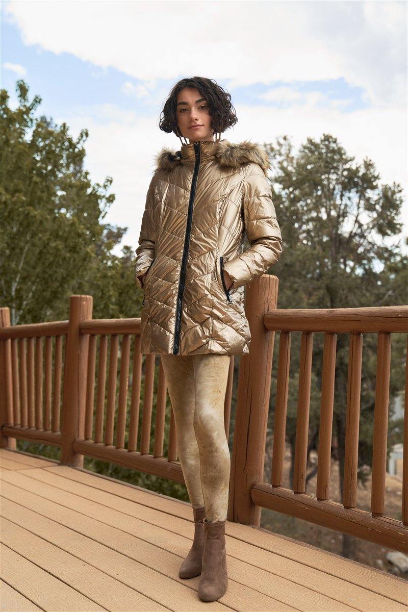 Glossy Finish Fitted Faux Fur Jacket - AM APPAREL