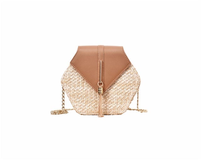 Hexagon Style Straw+Leather Handbag - AM APPAREL