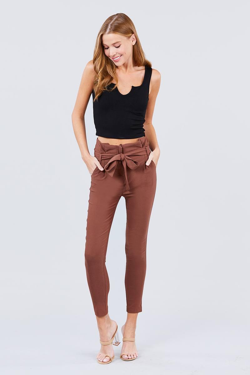 High Waisted Belted Pegged Stretch Pant - AM APPAREL